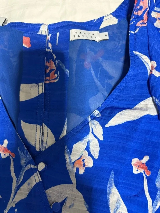 Tanya Taylor Cobalt Blue Floral Ruffle Peplum Blouse - Picture 2 of 5